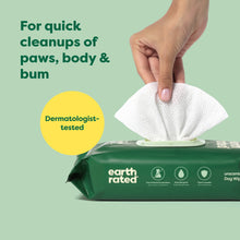 Dermatologist tested claim for Earth Rated Grooming wipes for quick clean ups of paws, body and bum