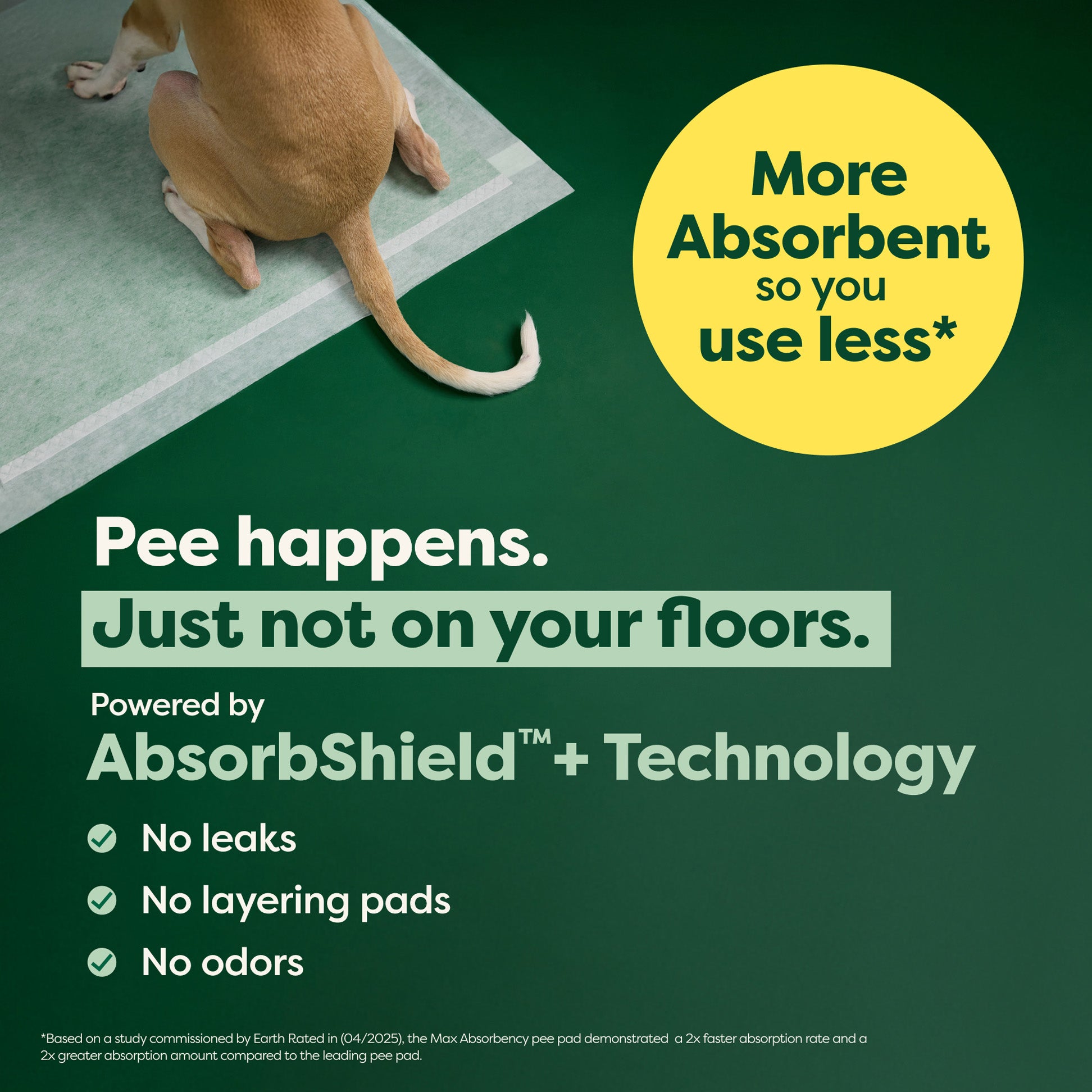 Advertisement for absorbent pads with a dog on a green background and text highlighting features.