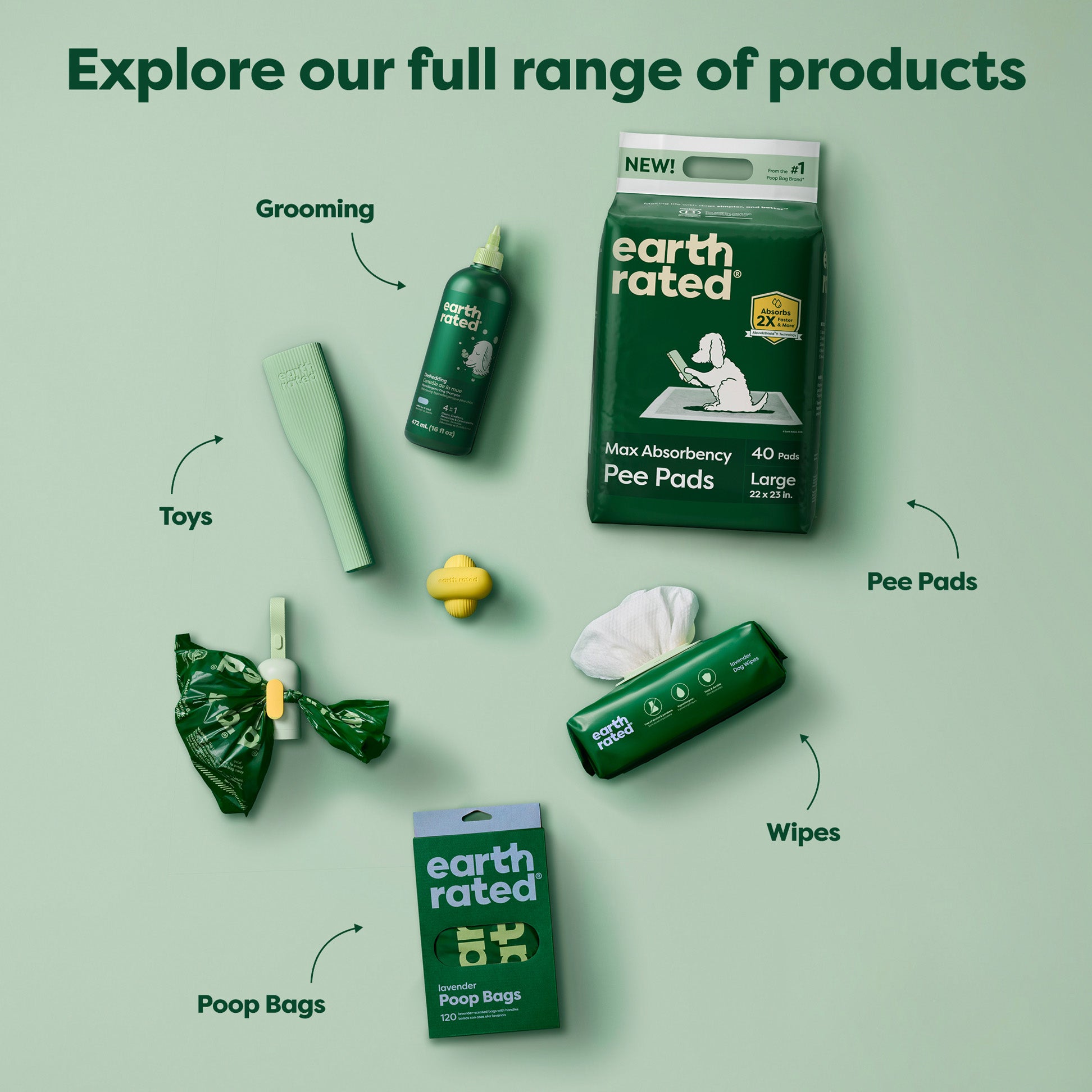 Collection of Earth Rated pet care products on a green background