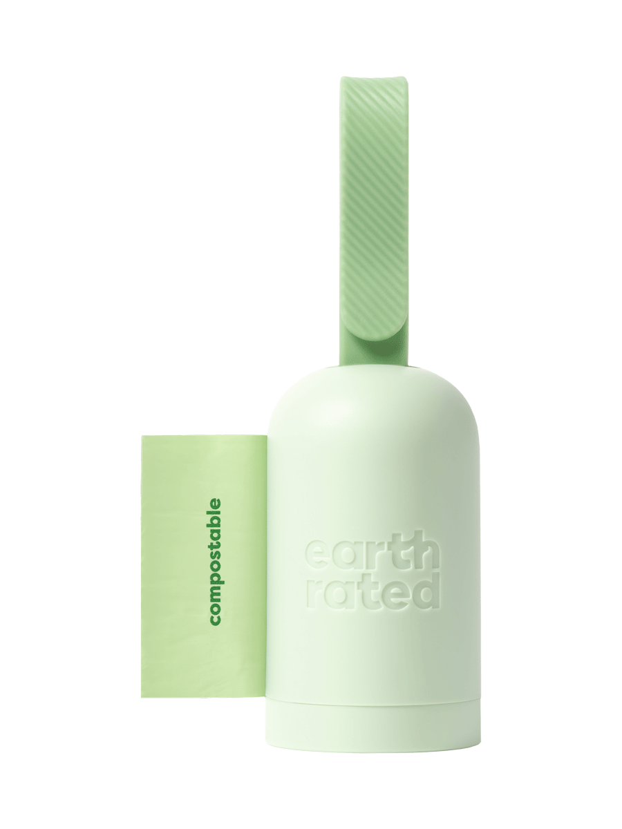 A poop bag dispenser with a compostable poop bag 